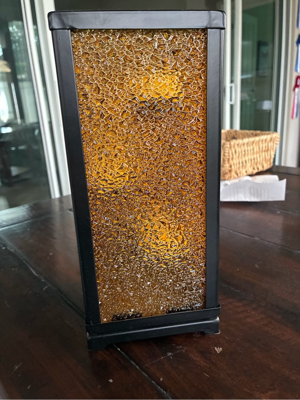 Threshold Amber Crackle Glass Tea Light Lantern with Black Metal Frame